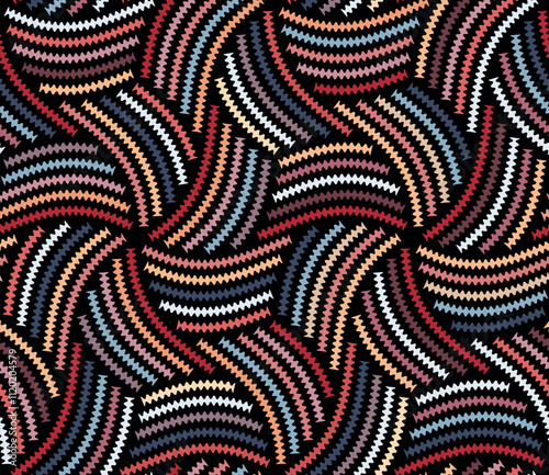 Seamless geometric pattern featuring spirals of thin, multicolored wavy lines on a black background with modern ethnic design. Abstract vector illustration.