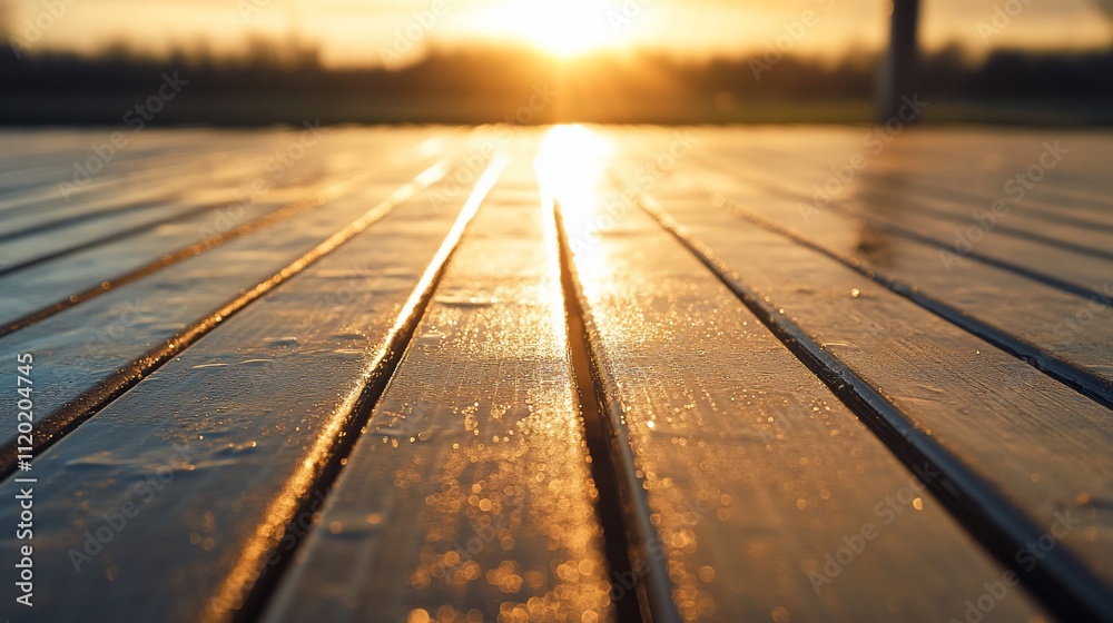 A close-up of wet wooden planks reflecting a sunset glow. A close-up of wet wooden planks reflecting a sunset glow.