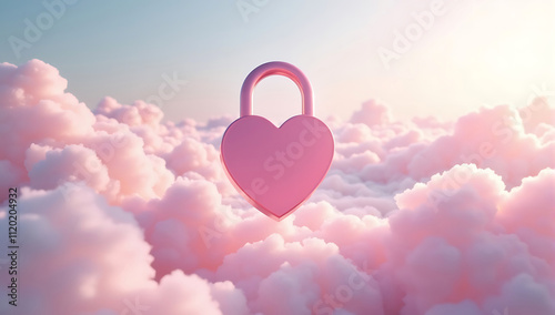 love pink padlock, floating in fluffy clouds, pastel colors, surreal, dreamy atmosphere