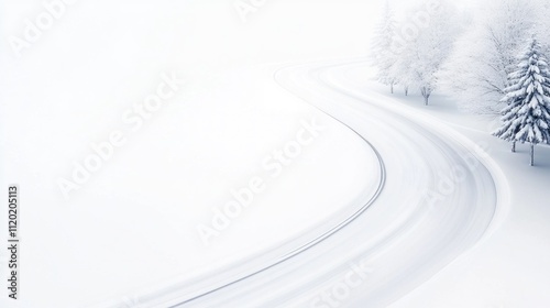 Cars navigate a snow-covered highway surrounded by a tranquil winter landscape. The scene captures a clear, cold day with soft snow blanketing the ground and trees