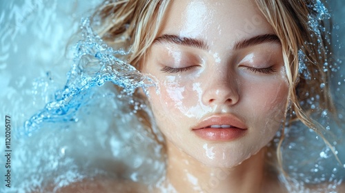 A woman with long blonde hair floats in water, her eyes closed and face calm. Water gently caresses her skin, capturing a tranquil moment in a peaceful setting