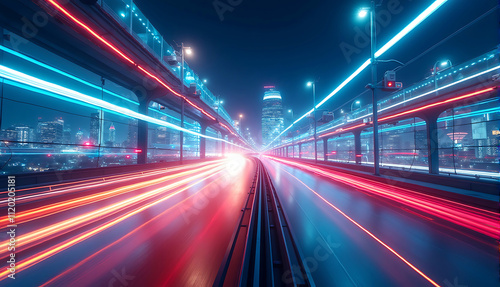 Abstract light background City road light, night highway lights, futuristic city highway, dynamic motion blur, neon lights, vibrant color palette