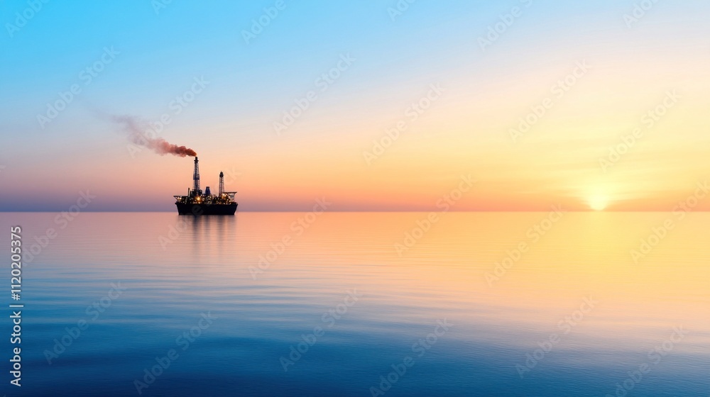 An offshore oil and gas rig platform stands majestically against a colorful sunset. The calm waters mirror the hues of the sky as smoke rises gently from the structure An offshore oil and gas rig platform stands majestically against a colorful sunset. The calm waters mirror the hues of the sky as smoke rises gently from the structure