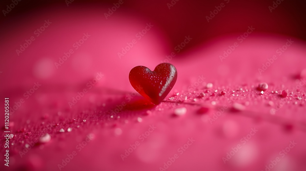 Tiny Heart, Big Love: A single red heart, glistening with dew, rests delicately on a vibrant pink surface. The soft focus and saturated hues create a dreamy and romantic ambiance. Tiny Heart, Big Love: A single red heart, glistening with dew, rests delicately on a vibrant pink surface. The soft focus and saturated hues create a dreamy and romantic ambiance.