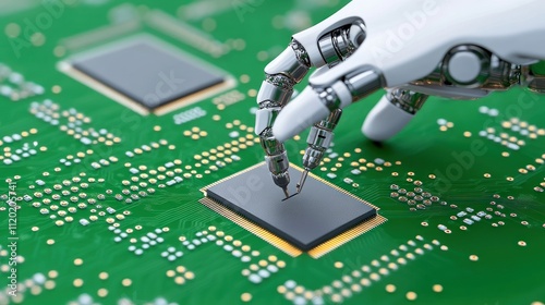 Robotic hand interacting with a microchip on a circuit board.