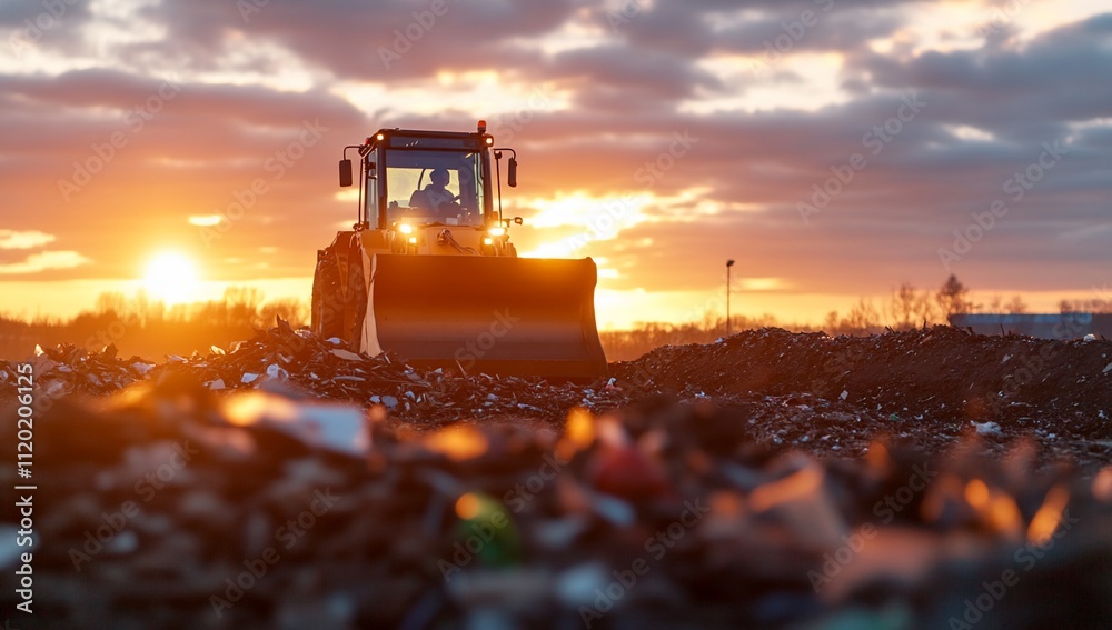 A bulldozer operates at a landfill during sunset, highlighting waste management. A bulldozer operates at a landfill during sunset, highlighting waste management.