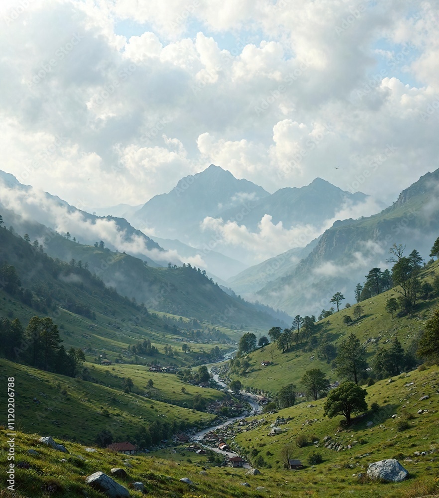 Fototapeta premium Valley with misty mountains in the background, mountainous terrain, alaskan wilderness