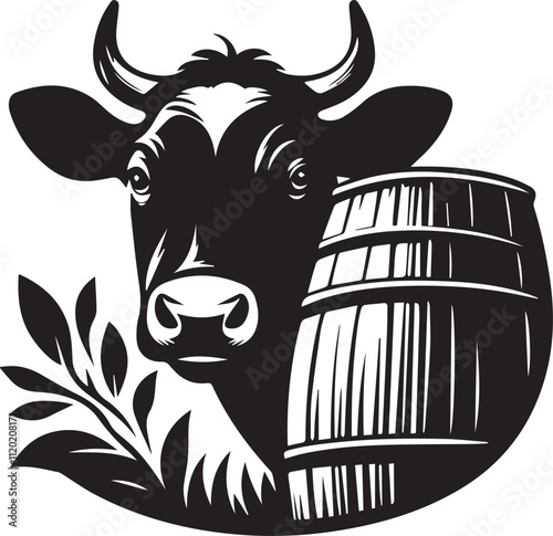 A cow peeking from behind a barrel vector black silhouette