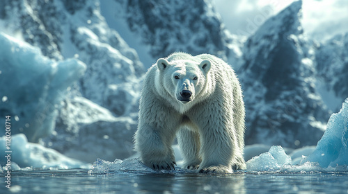 A large polar bear stands on icy terrain. Snowy mountains are in the background