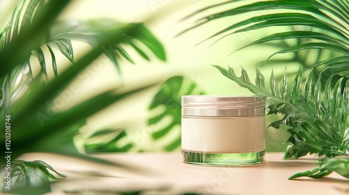 Luxury skincare cream jar surrounded by green tropical leaves photo