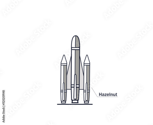 Flat vector illustration of Russian nuclear ballistic missile Oreshnik with Hazelnut inscription equipped with nuclear warhead