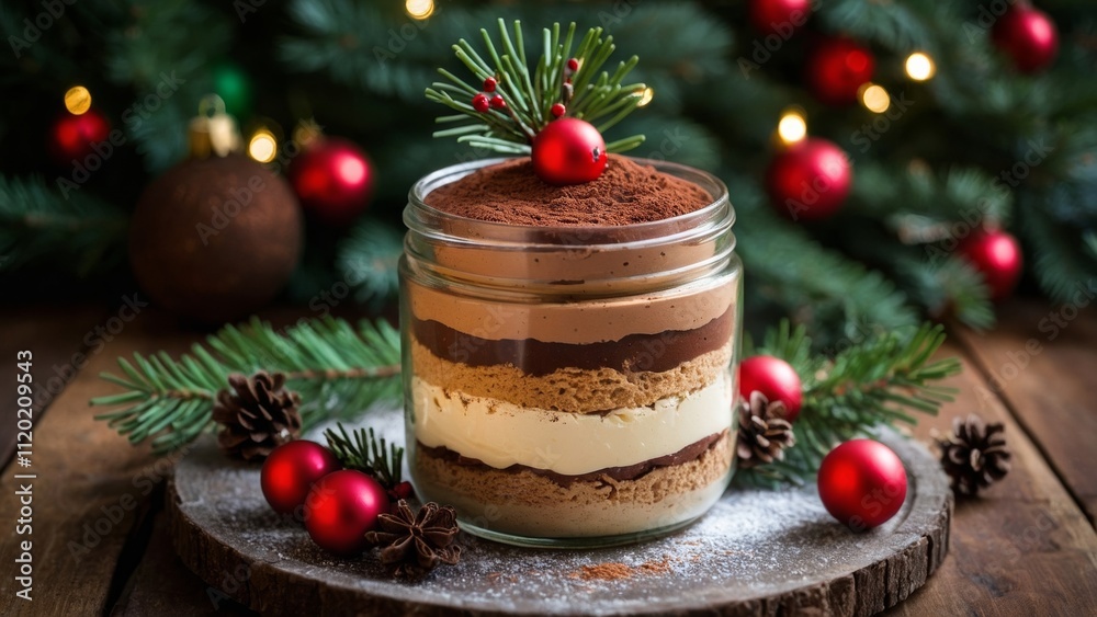 A festive photo of a layered mousse dessert in a glass jar, adorned with holiday decorations. The styled composition features vibrant Christmas tree ornaments and evergreen branches. A festive photo of a layered mousse dessert in a glass jar, adorned with holiday decorations. The styled composition features vibrant Christmas tree ornaments and evergreen branches.