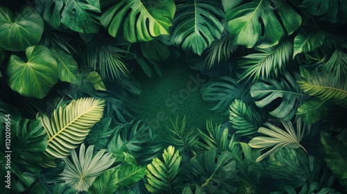 Lush green tropical leaves frame a dark center.