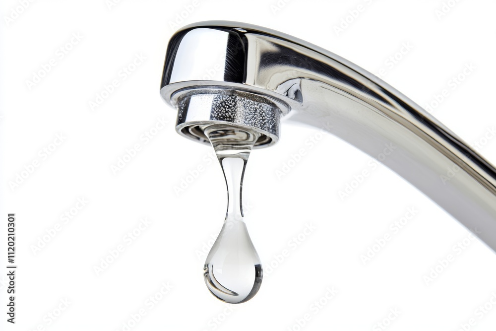 Sink faucet dripping with the water drop. A drop of water drips from a leaky faucet. Bathroom metal tap isolated on transparent white background with Falling water drop close up. Droplet. Copy space Sink faucet dripping with the water drop. A drop of water drips from a leaky faucet. Bathroom metal tap isolated on transparent white background with Falling water drop close up. Droplet. Copy space
