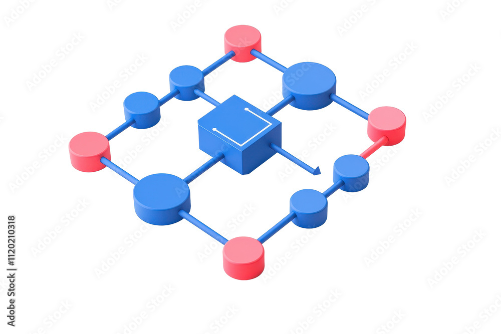 A 3D geometric model featuring interconnected nodes in blue and red, forming a network structure. A 3D geometric model featuring interconnected nodes in blue and red, forming a network structure.
