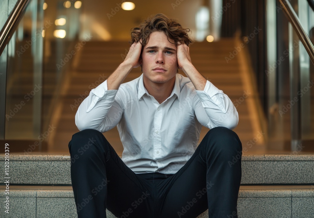 Young man sitting on stairs with a thoughtful expression, dressed in a white shirt and black pants, portraying emotions of stress, sadness, or contemplation in a modern interior space