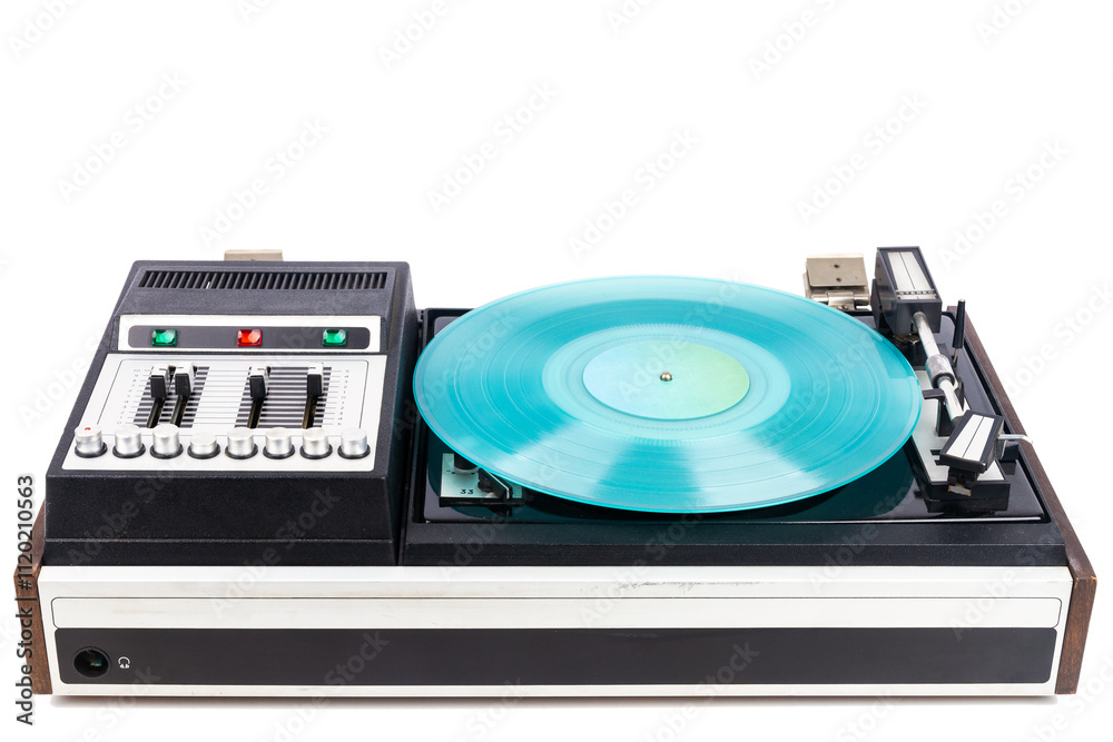 Fototapeta premium Vintage turntable record player with cyan vinyl isolated on white background.