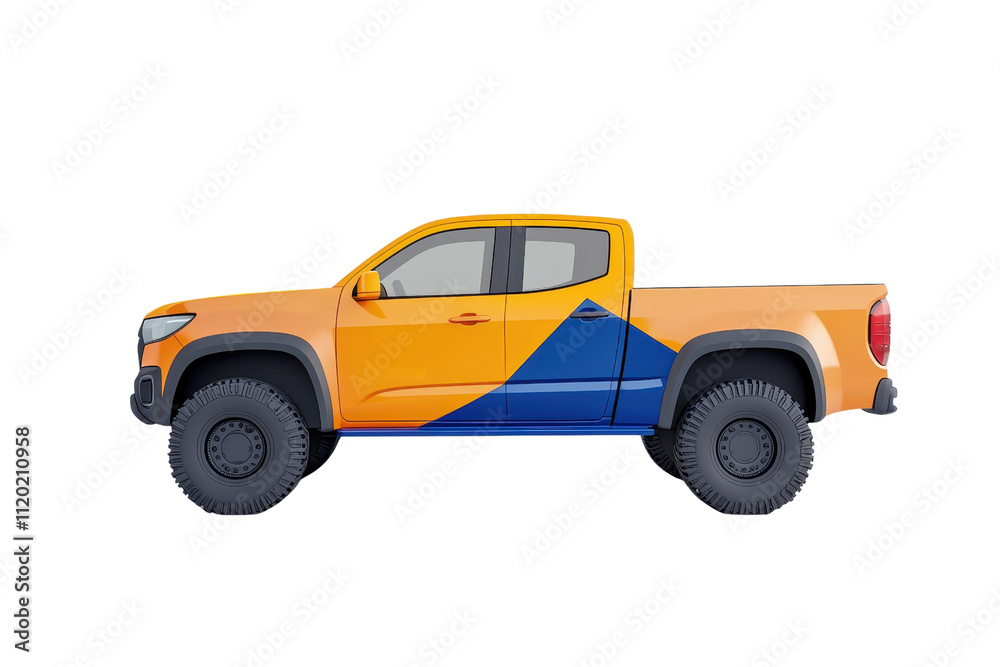 A vibrant, two-tone pickup truck featuring an orange and blue design with rugged tires, showcasing a sporty and adventurous look. A vibrant, two-tone pickup truck featuring an orange and blue design with rugged tires, showcasing a sporty and adventurous look.