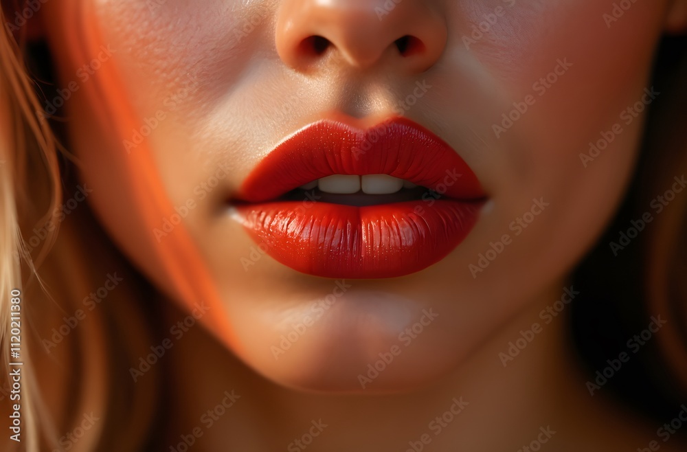 Fototapeta premium Promotion of red lipstick, a woman is delicately applying lipstick, showing the emphasis on the glossy, prominent lip texture and smooth skin. Emphasizing soft and modern elegance.