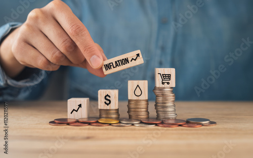 Hand putting wooden cube and inflation word a on coins in idea for FED consider interest rate hike, world economics, and inflation control, US dollar inflation  photo