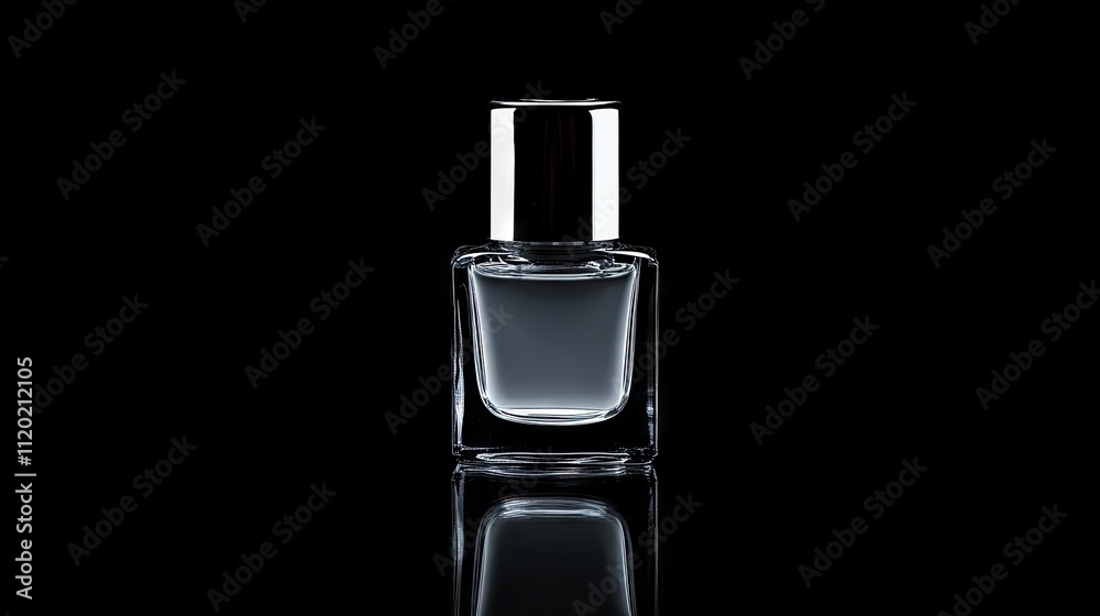 A clear glass nail polish bottle with transparent liquid placed against a minimalist black background A clear glass nail polish bottle with transparent liquid placed against a minimalist black background