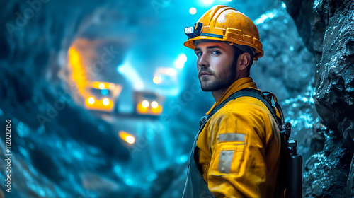 Miner wearing hard hat with headlamp inside underground cave.