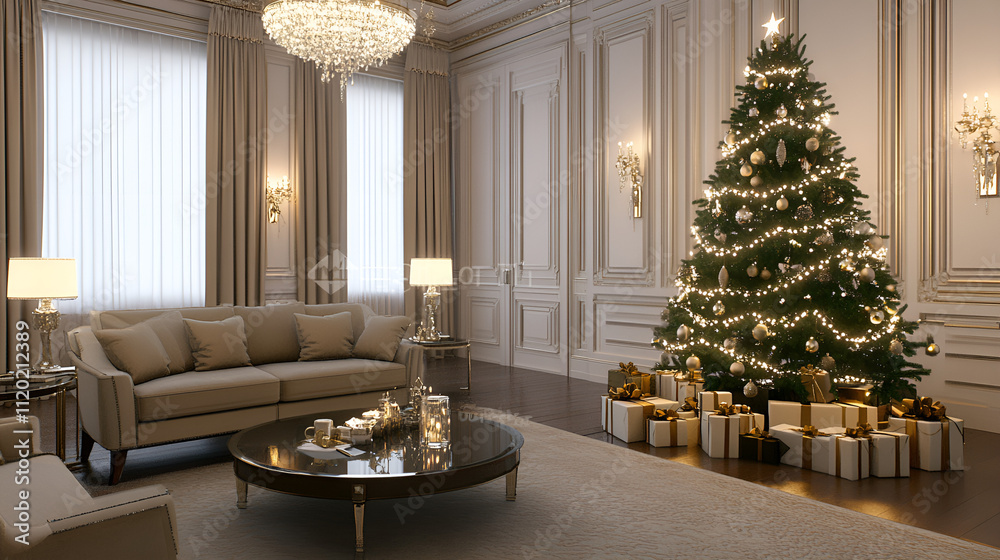 Luxurious living room decorated for Christmas with a beautifully lit tree and wrapped presents Luxurious living room decorated for Christmas with a beautifully lit tree and wrapped presents