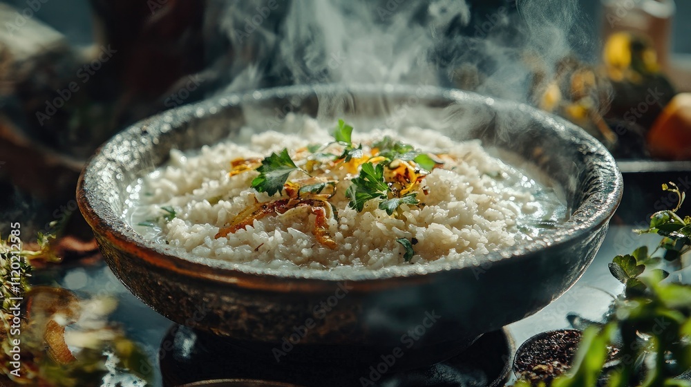A close-up of freshly cooked rice, served in a bowl with steam rising, framed by herbs and condiments. A close-up of freshly cooked rice, served in a bowl with steam rising, framed by herbs and condiments.