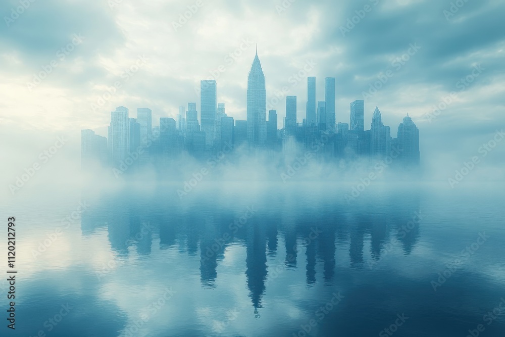 A misty skyline reflected in water, creating a serene and atmospheric urban landscape. A misty skyline reflected in water, creating a serene and atmospheric urban landscape.