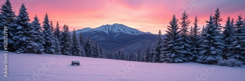 Pink winter sunrise illuminating snow covered evergreen firs in a stunning mountain landscape with a Christmas background, firs, evergreen photo