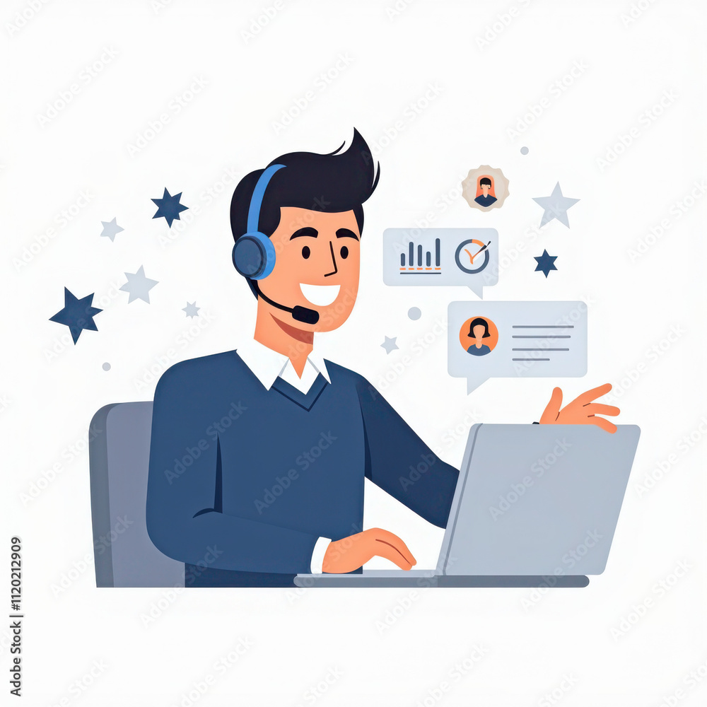 A friendly Customer Support Representative wearing a headset, assisting a client in a call center environment A friendly Customer Support Representative wearing a headset, assisting a client in a call center environment