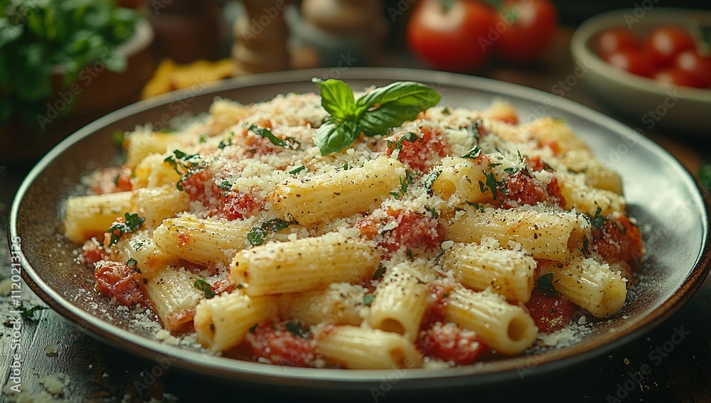 A delicious plate of pasta with a tomato sauce, topped with parmesan cheese and fresh basil. A delicious plate of pasta with a tomato sauce, topped with parmesan cheese and fresh basil.