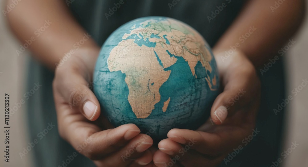 A person holds a globe, symbolizing care for the planet and global awareness, with a focus on the African continent. A person holds a globe, symbolizing care for the planet and global awareness, with a focus on the African continent.