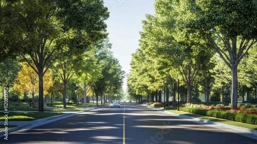 Serene Tree-Lined Street in Bright Sunny Day with Lush Greenery