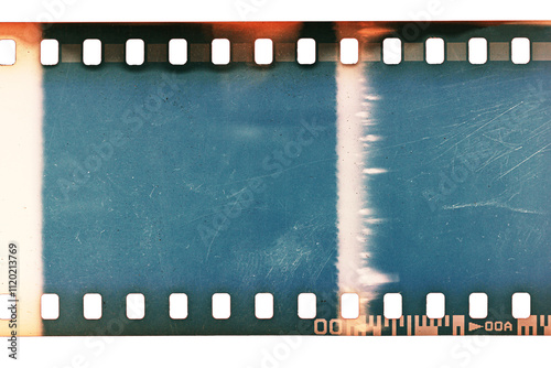 Dusty and grungy 35mm film texture or surface. Perforated scratched camera film isolated on white background.