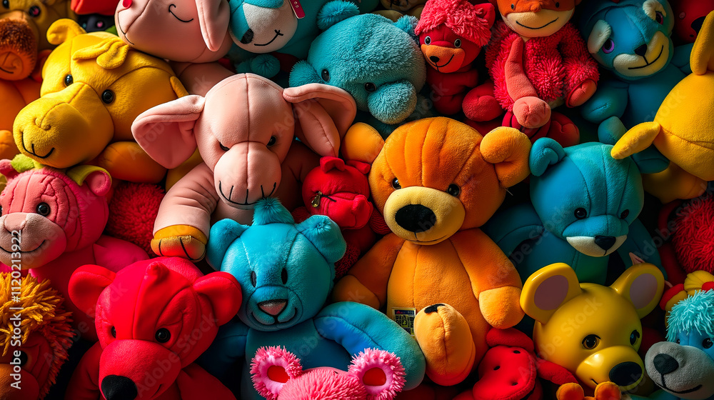 A large group of colorful teddy bears sitting together A large group of colorful teddy bears sitting together