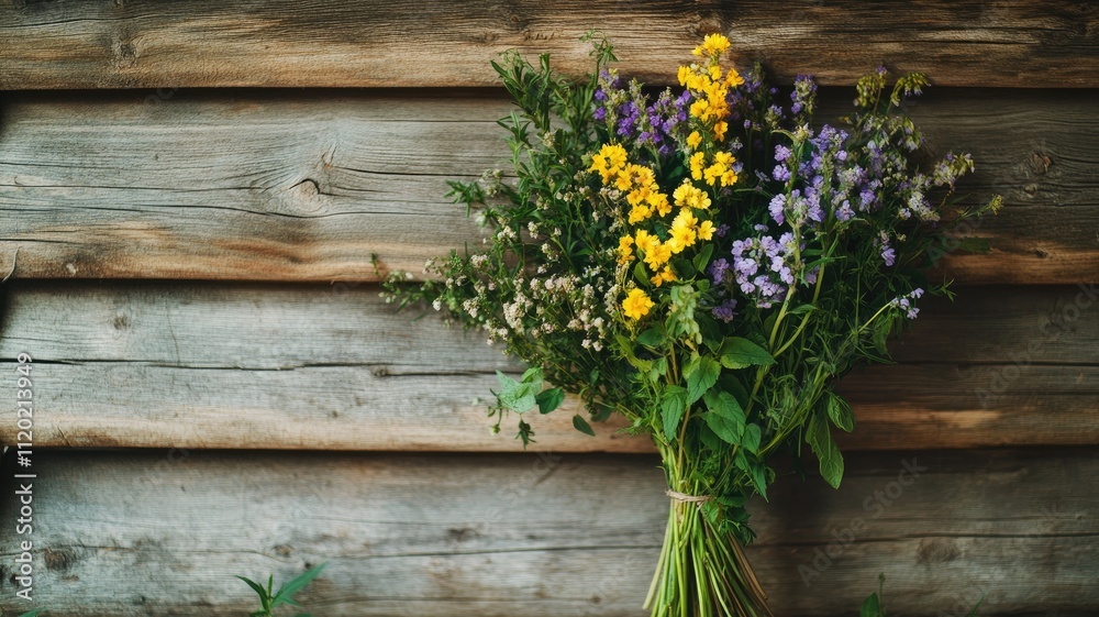 Colorful wildflowers bouquet against rustic wooden wall, evoking natural beauty Colorful wildflowers bouquet against rustic wooden wall, evoking natural beauty
