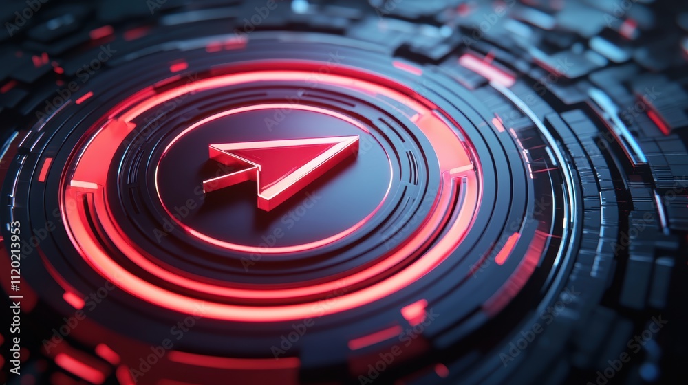 A futuristic design featuring a red arrow icon in a circular, tech-inspired background, symbolizing direction and progress. A futuristic design featuring a red arrow icon in a circular, tech-inspired background, symbolizing direction and progress.