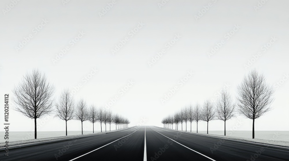 Serene Winter Road with Bare Trees Against a Minimalist Sky Serene Winter Road with Bare Trees Against a Minimalist Sky