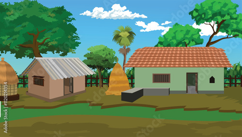 Indian farmers house under blue sky and green land.Asian rural house background design vector illustration with shack with tin roof,straw pile