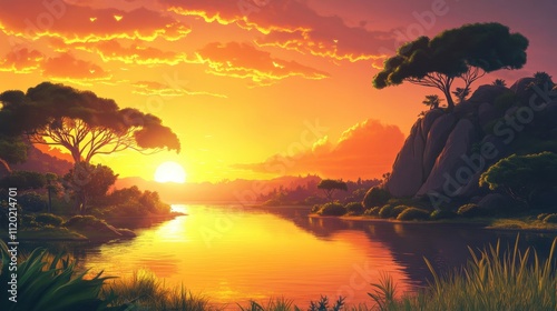 Serene Sunset Over Calm Water with Lush Landscape