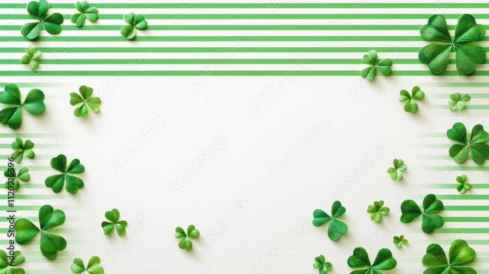 Green shamrocks on white and striped background celebrating heritage Green shamrocks on white and striped background celebrating heritage