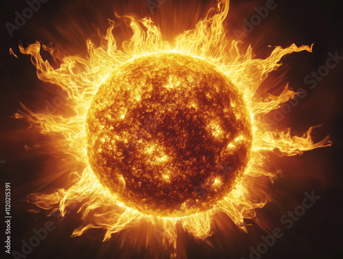 Giant closeup of the sun with it's electromagnetic Solar Flares. Set against a black background, highlighting contrasting bright flames and heat. Version 07 photo