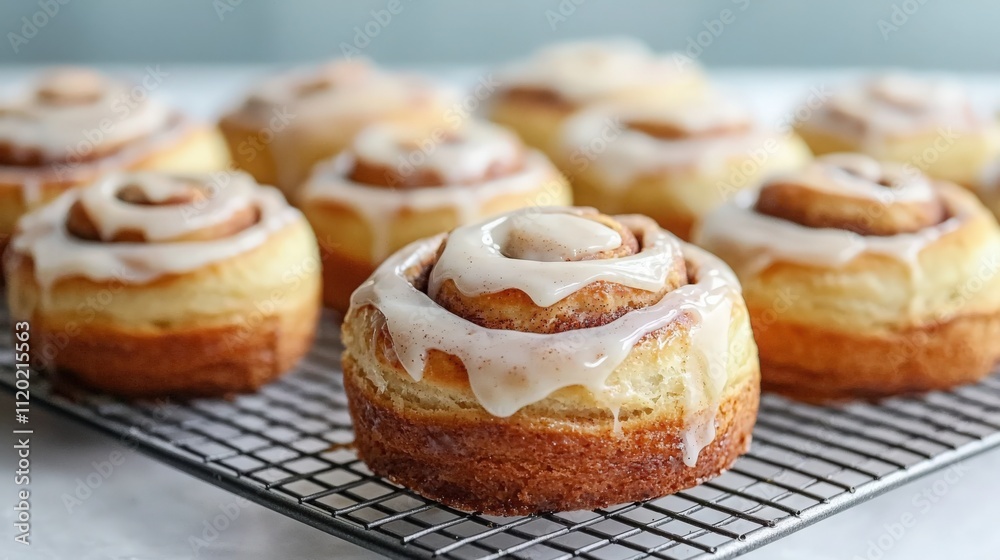 Deliciously baked cinnamon rolls cooling on a wire rack in a cozy kitchen setting Deliciously baked cinnamon rolls cooling on a wire rack in a cozy kitchen setting