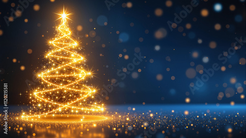 Glowing Christmas Tree with Golden Lights and Sparkling Blue Background
