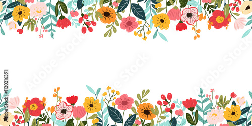 Collection of spring colorful flower elements vector. Floral boarder of wildflower, leaf branch, foliage on white background. Hand drawn blossom illustration for decor, easter, sticker, clipart.