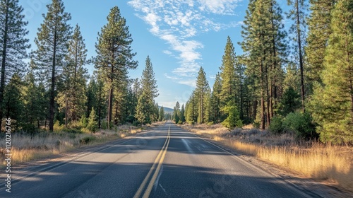 Scenic Open Road Surrounded by Lush Green Pine Trees in Nature