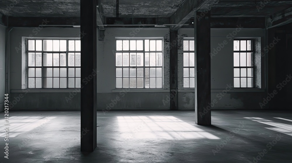 Sunlit industrial interior space with large windows and concrete floor. Sunlit industrial interior space with large windows and concrete floor.