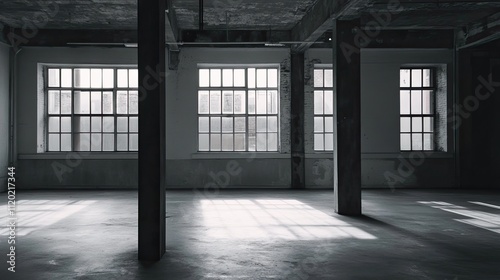 Sunlit industrial interior space with large windows and concrete floor.