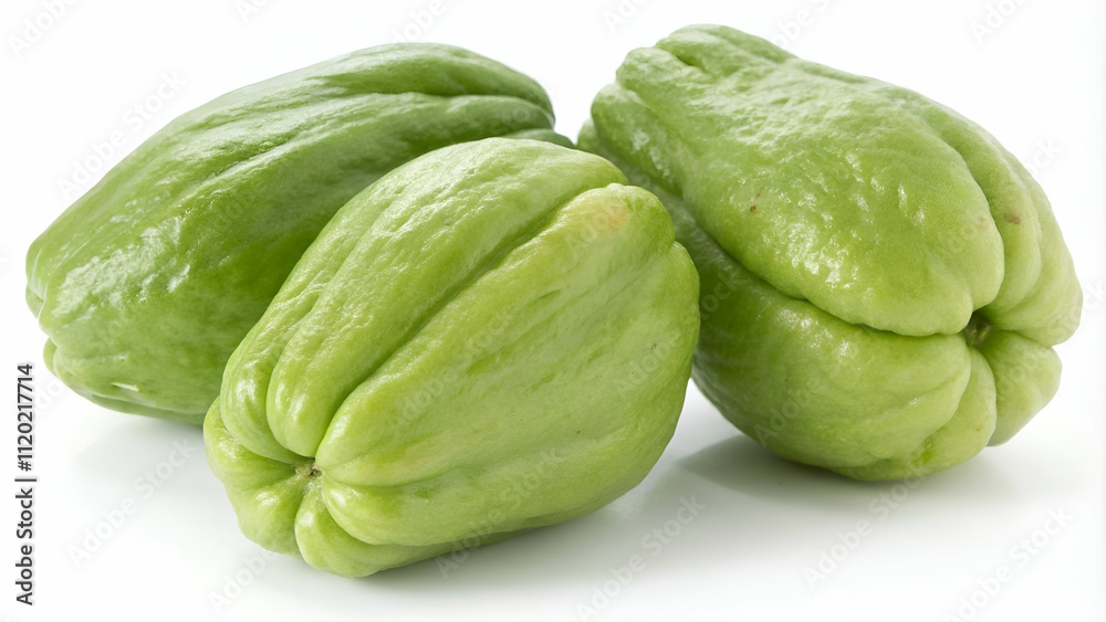 Cluster of fresh green chayotes with natural texture, isolated on a clean white background for food photography Cluster of fresh green chayotes with natural texture, isolated on a clean white background for food photography